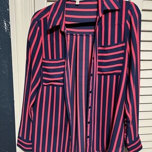 Striped Button-Front Women's Blouse in Navy and Pink